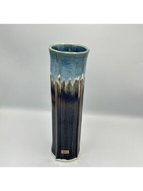 Bill Campbell Art Pottery Vase 11" Drip Glaze Blue & Brown